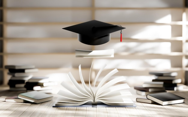 rendu 3d, chapeau de graduation et pile de livres, concept