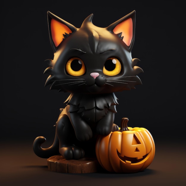 Rendu 3D d'un chat noir avec des citrouilles d'Halloween