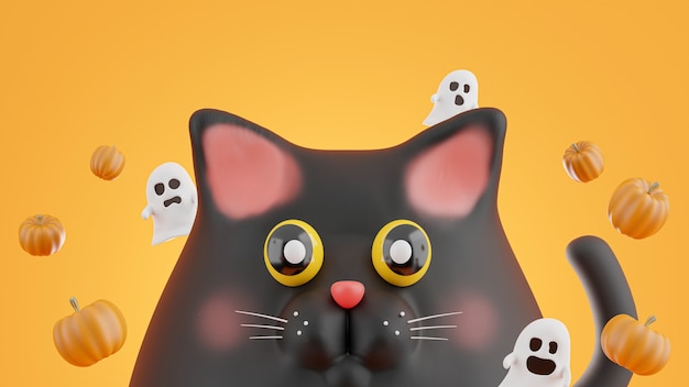 Rendu 3D de chat noir avec concept halloween.