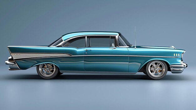 Photo un rendu 3d d'une chevrolet bel air classique de 1957 la voiture est finie dans une peinture bleu brillant avec une grille chromée et des garnitures