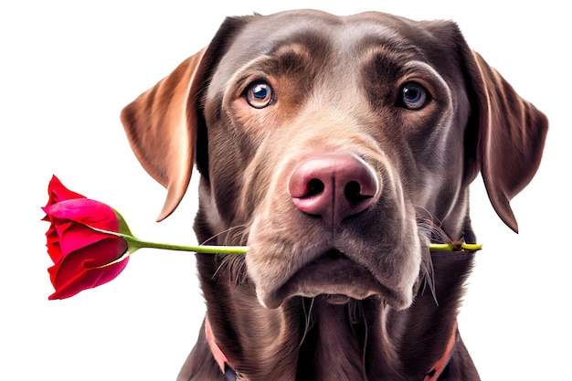 Rendu 3D d'un chien Labrador Retriever tenant une rose rouge dans la bouche sur fond blanc