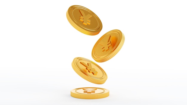 Rendu 3D de la chute des pièces d'or avec signe yen isolé sur fond blanc
