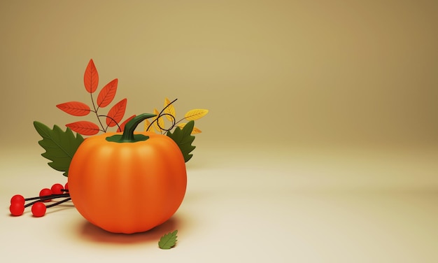 Rendu 3D de citrouille avec des baies de feuilles d'automne pour le concept de célébrations de Thanksgiving
