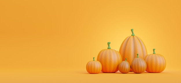 Rendu 3D de citrouille de groupe avec concept halloween sur fond orange