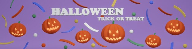 Rendu 3D de citrouilles d'Halloween et de texte HALLOWEEN TRICK OR TREAT avec des confettis sur fond