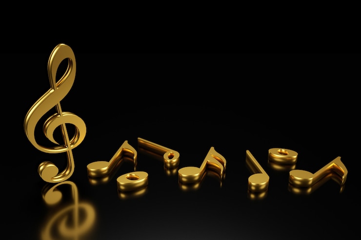 Rendu 3D de la clé de sol et de la notation musicale.
