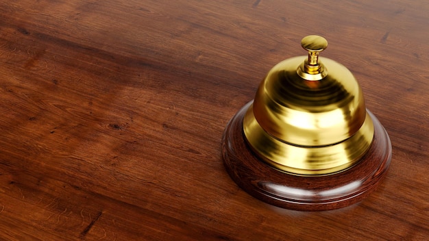 Rendu 3D de la cloche de réception dorée isolée sur la cloche de l'hôtel de fond en bois