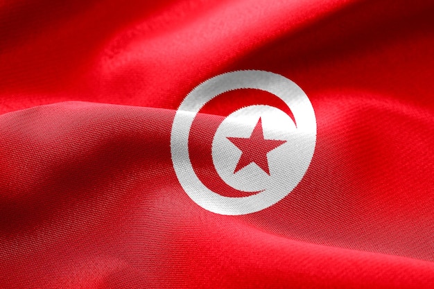 Rendu 3d Close up agitant le drapeau en tissu de la Tunisie symboles du drapeau de la Tunisie