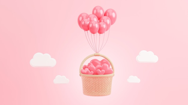 Rendu 3D de coeur rose dans le panier en osier à la Saint-Valentin