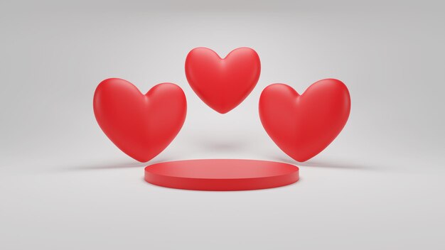 Rendu 3D Coeur Rouge Triple Saint Valentin Avec Podium Rouge Et Fond Blanc