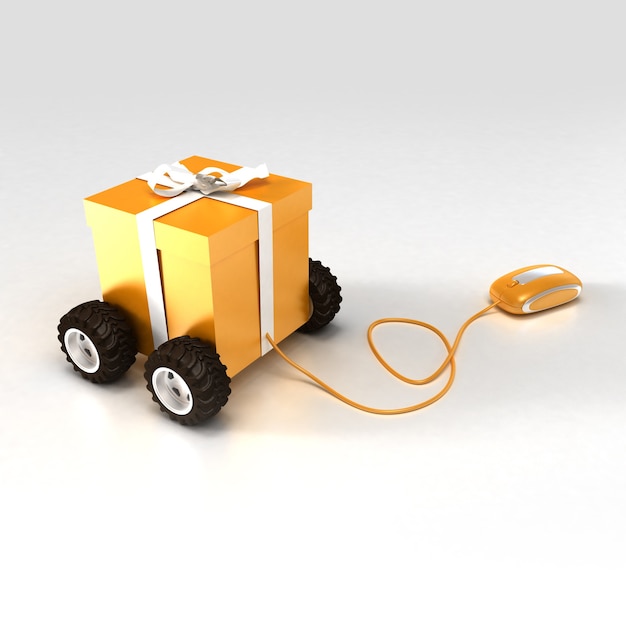 Rendu 3D d'un coffret cadeau orange sur roues connecté à une souris d'ordinateur