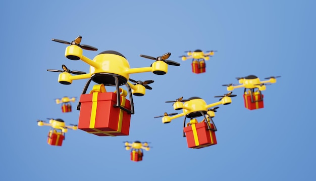 Le rendu 3D d'un coffret cadeau volant tenu par un drone Drone est un outil de livraison de cadeau