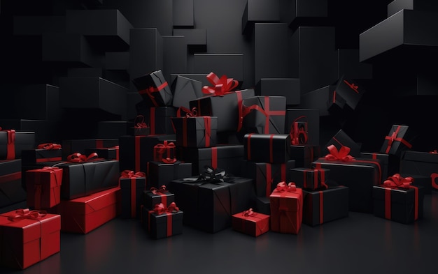 Rendu 3D des coffrets cadeaux de couleur rouge et noir