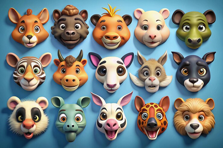Photo un rendu 3d d'une collection de têtes d'animaux de dessins animés