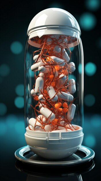 Le rendu 3D complexe présente une capsule médicale dans un contexte biomédical Vertical Mobile Wallpaper