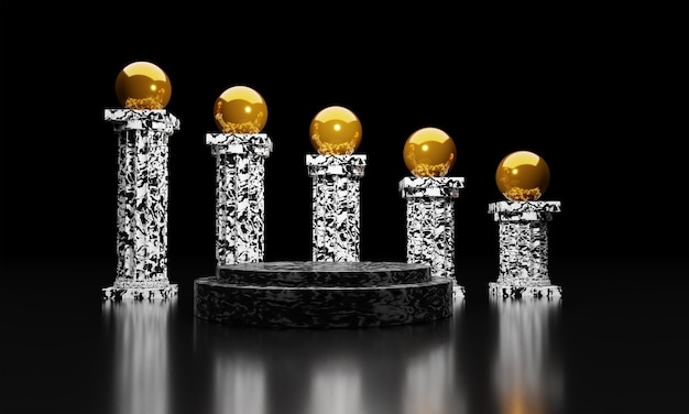 Photo le rendu 3d de la composition abstraite pour la présentation du produit avec boule d'or sur le marbre du pilier