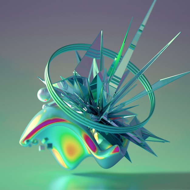 Rendu 3D d'une composition réaliste. Sphères volantes, tores, tubes, cônes et cristaux en mouvement. Beau minimalisme de fond d'abstraction. Illustration 3D, rendu 3D.