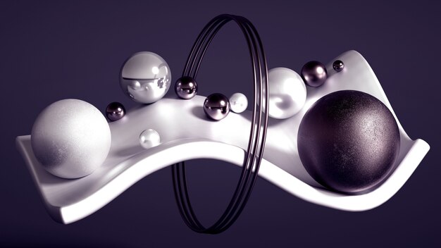 Rendu 3D d'une composition réaliste. Sphères volantes, tores, tubes, cônes et cristaux en mouvement. Beau minimalisme de fond d'abstraction. Illustration 3D, rendu 3D.