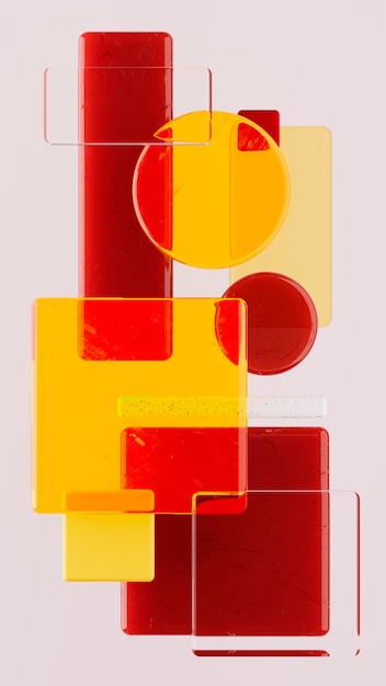 Rendu 3d composition de verre coloré Art longue bannière verticale Rouge jaune orange et formes blanches transparentes Conception de vue de dessus plat minimaliste Fond de papier peint moderne