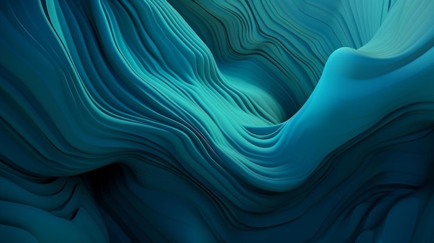 Rendu 3D contemporain avec des formes ondulées organiques sur un fond bleu et turquoise