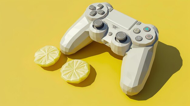 Un rendu 3D d'un contrôleur de jeu vidéo blanc sur un fond jaune