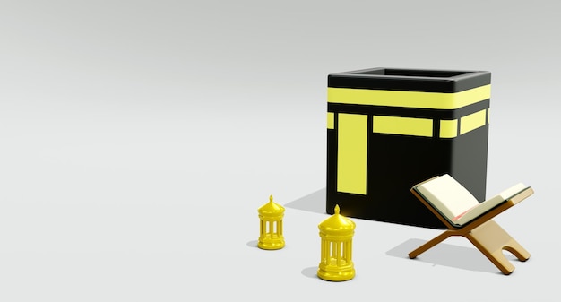 Rendu 3D Coran islamique et Kaaba et lanterne d'or sur le sol isolé avec fond blanc