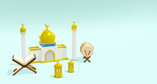 Rendu 3D Coran islamique et mosquée et lanterne dorée et Bedug isolé sur fond bleu clair