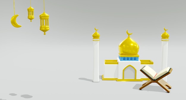 Le rendu 3D Coran islamique et mosquée et lanterne d'or isolé sur fond blanc