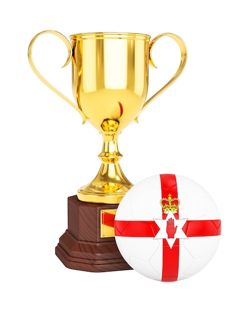 Photo rendu 3d de la coupe du trophée d'or et du ballon de football avec le drapeau de l'irlande du nord isolé sur fond blanc