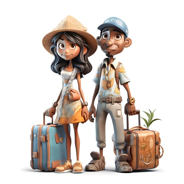 Photo rendu 3d d'un couple de touristes de dessin animé avec des valises