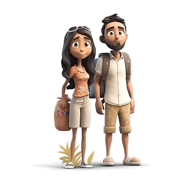 Rendu 3D d'un couple en vacances avec un sac de voyage