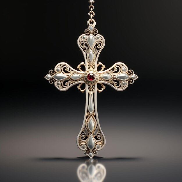 Rendu 3D d'une croix en argent doré avec or blanc texturé et grenat Acce Palmier de Pâques du Vendredi Saint