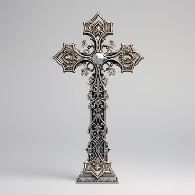 Rendu 3D d'une croix d'argent ornée avec métal martelé et motif gravé Palmier de Pâques du Vendredi Saint