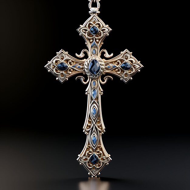 Rendu 3D d'une croix en argent poli avec or blanc gravé et saphir Palmier de Pâques du Vendredi Saint