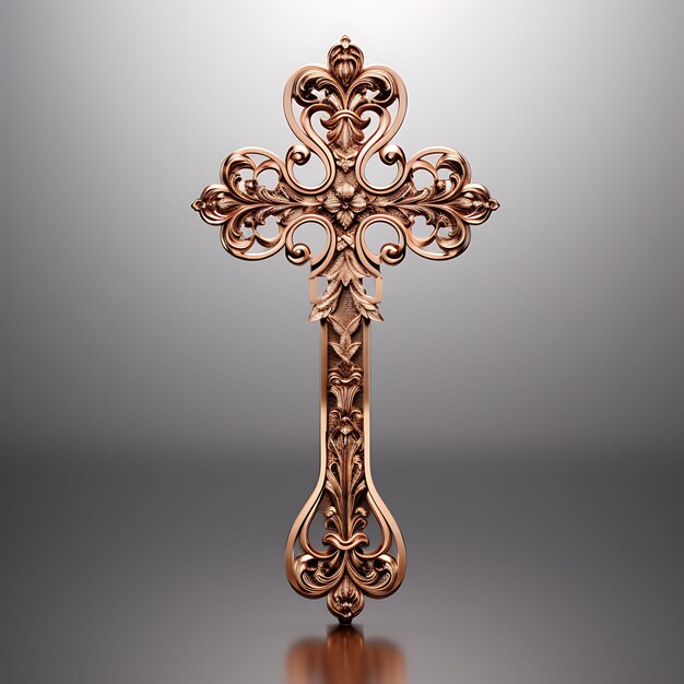 Rendu 3D d'une croix en bronze poli avec motif floral gravé et patine T Palmier de Pâques du Vendredi Saint
