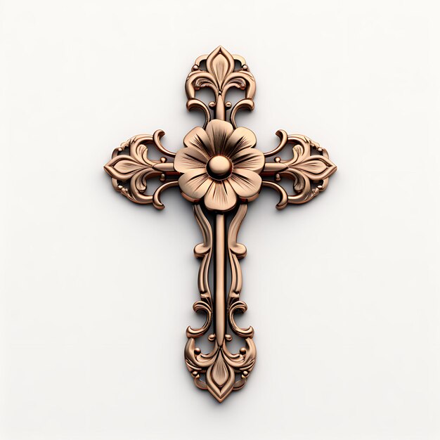 Rendu 3D d'une croix en bronze avec texture en métal martelé gravé floral décembre vendredi saint palmier de Pâques
