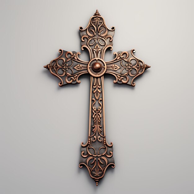 Rendu 3D d'une croix en laiton plaqué bronze avec motif en relief et palmier de Pâques du Vendredi Saint porté