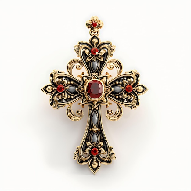 Rendu 3D d'une croix en or satiné avec détails plaqués rhodium noir Palmier de Pâques du Vendredi Saint