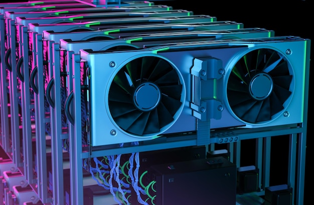 Rendu 3d crypto mining farm avec carte graphique ou rack gpu en néon