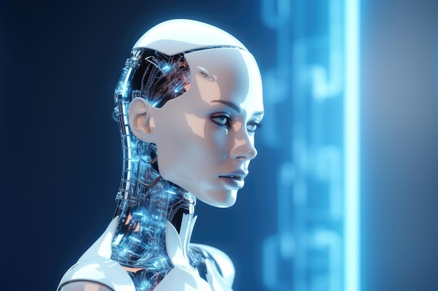 Rendu 3d d'un cyborg féminin avec intelligence artificielle sur fond bleu Rendu 3d d'un robot féminin avec écran hologramme et fond bleu AI généré