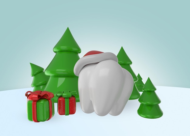 Photo rendu 3d d'une dent saine avec des cadeaux de noël et arbre avec fond d'hiver. noël de dentiste