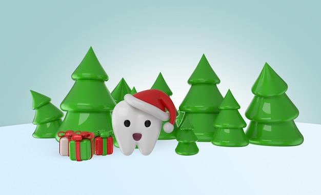 Photo rendu 3d d'une dent saine et heureuse avec des cadeaux de noël et un arbre avec fond d'hiver. dentiste c