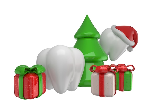 Photo rendu 3d de dents saines avec des cadeaux de noël sur fond blanc. concept de noël de dentiste.