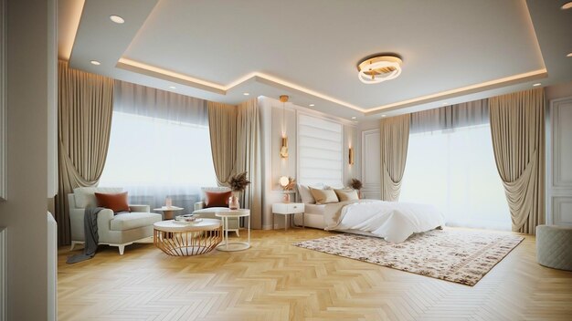 rendu 3d de design d'intérieur de chambre à coucher minimaliste de luxe moderne