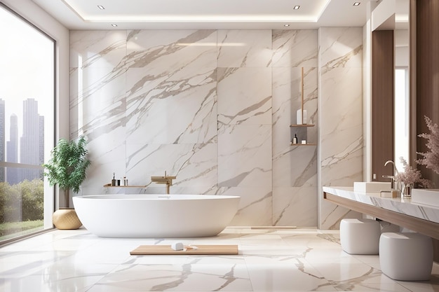 Rendu 3D design moderne et toilettes et salle de bains en carrelage de marbre