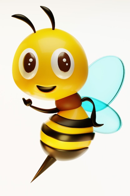 Rendu 3D dessin animé mignon abeille pointant illustration de personnage de main