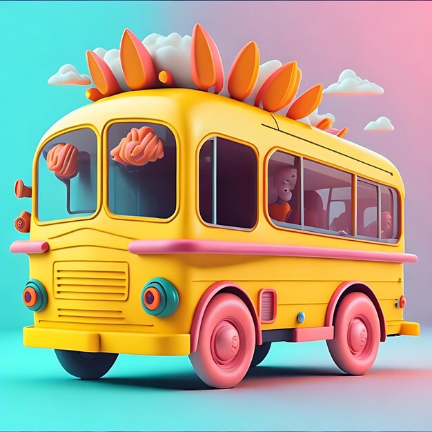 Un rendu 3D détaillé d'un autobus scolaire avec de jolis enfants ressemblant à des dessins animés qui regardent par les fenêtres