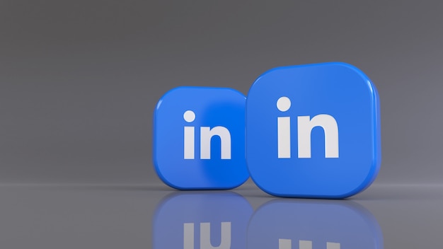 Rendu 3D de deux badges carrés linkedin sur fond gris