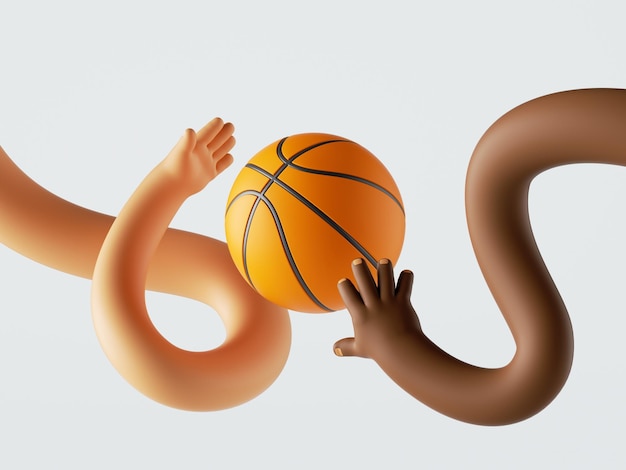 Photo rendu 3d deux joueurs de basket-ball drôles dessin animé mains ondulées se battent pour le ballon