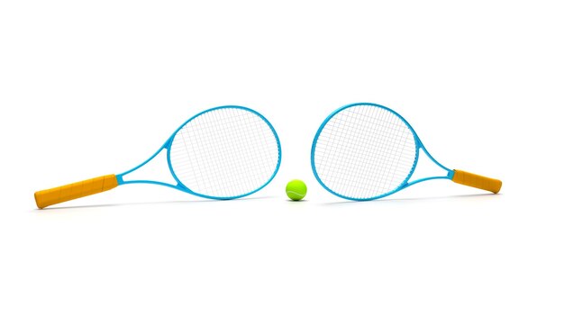 Photo rendu 3d deux raquettes de tennis sur fond blanc et un jeu de sport de balle de tennis